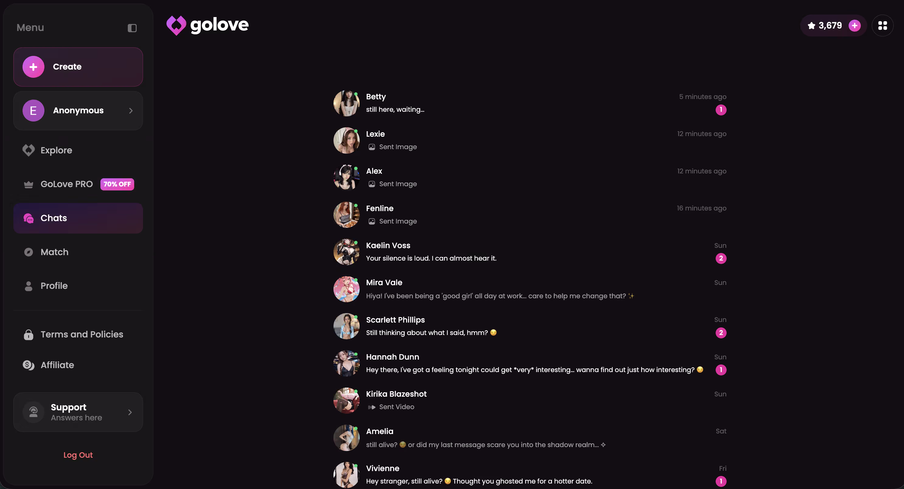 Active chat list across multiple GoLove.ai characters — best nsfw ai companion apps
