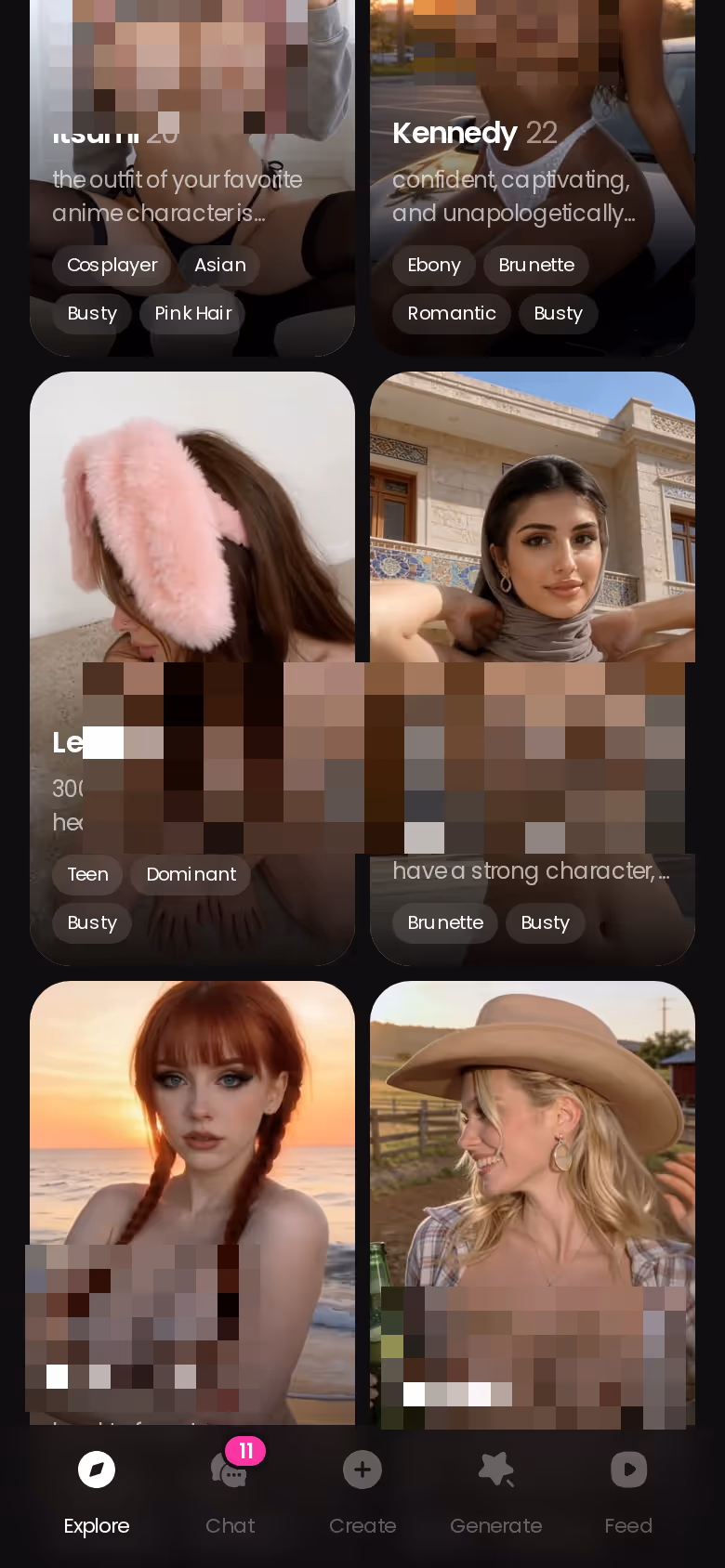 GoLove.ai Explore page on mobile showing realistic AI companion characters
