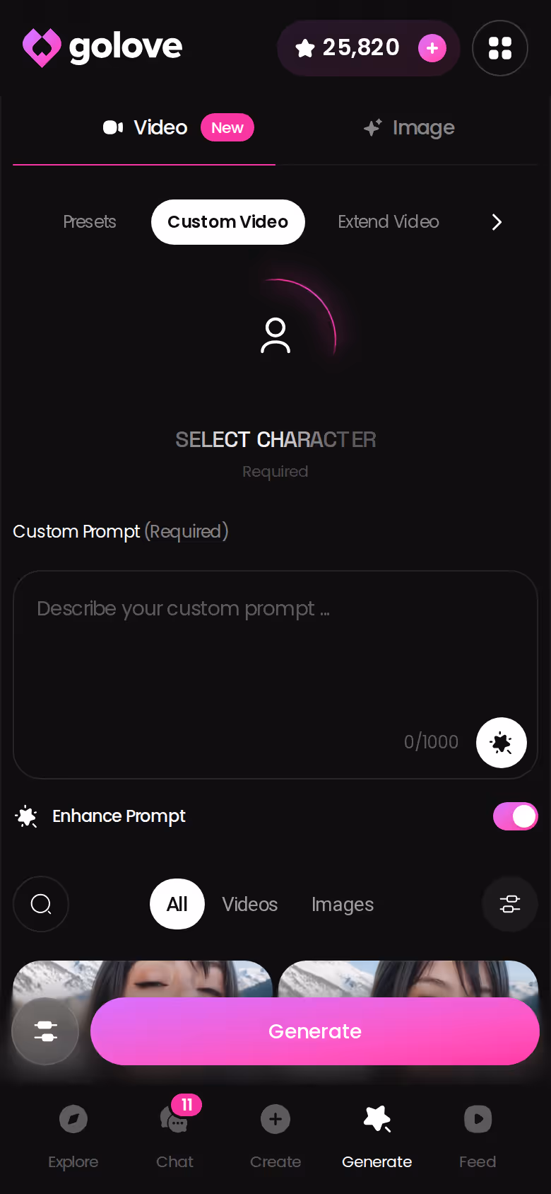 GoLove.ai Custom Video on mobile — prompt it, pick settings, generate